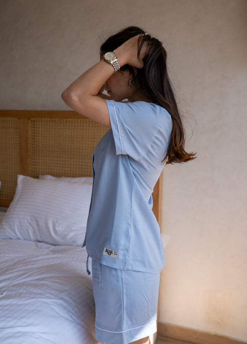 Women Summer Pajama Set Light Blue Buttoned Shirt + Shorts
